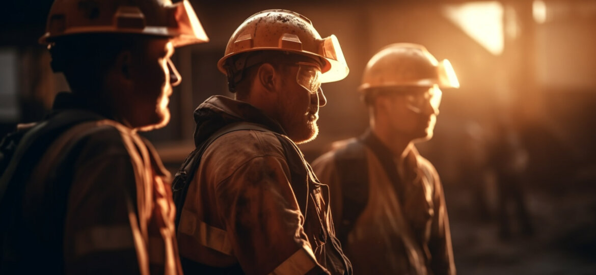 Hardhat wearing men work together to build factory generated by AI