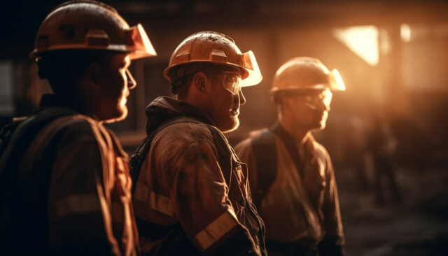 Hardhat wearing men work together to build factory generated by AI